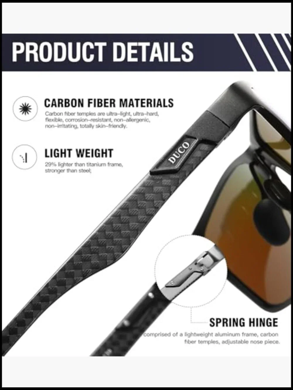 Polarized Sunglasses Lightweight Al-Mg Alloy Carbon Fiber Rectangle UV400
